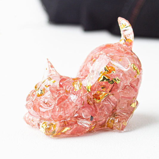 Handmade Natural Crystal Gemstone Cat with Raised Tail - Pink Opal
