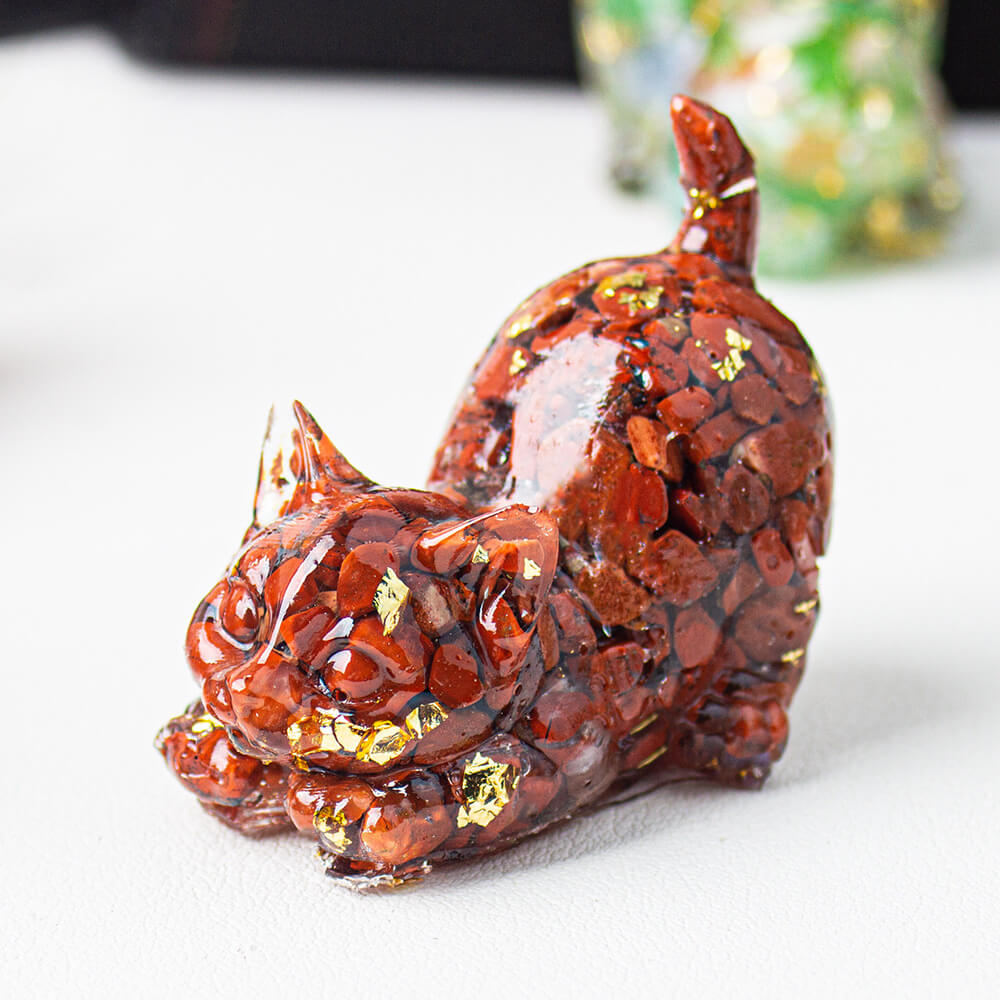 Handmade Natural Crystal Gemstone Cat with Raised Tail - Red Jasper