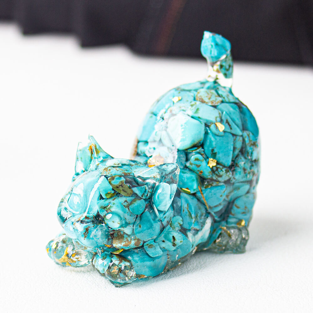 Handmade Natural Crystal Gemstone Cat with Raised Tail - Turquoise