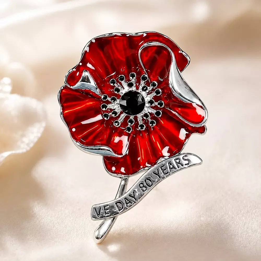 VE Day 80 poppy brooch in gold with red enamel flower