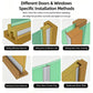 Instructional graphic showing six different door and window installation methods, including sliding window bottom, sliding door and window side, sliding glass door overlap, bedroom door bottom, glass door center gap, and bedroom door side. The diagram uses 3D cutaway illustrations with labels and a note about cleaning the surface before applying.