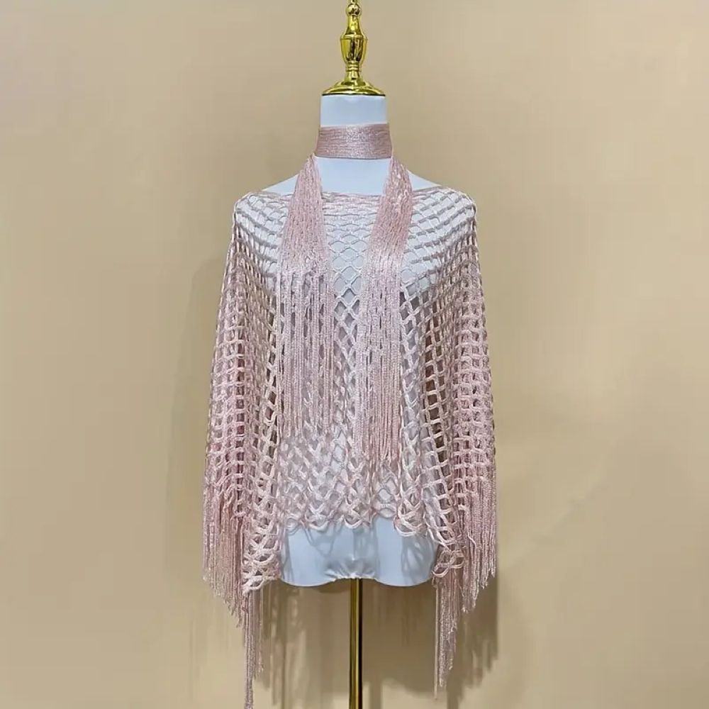 Women's Solid Color Fringe Trim Shawl & Chain Decor Poncho Set