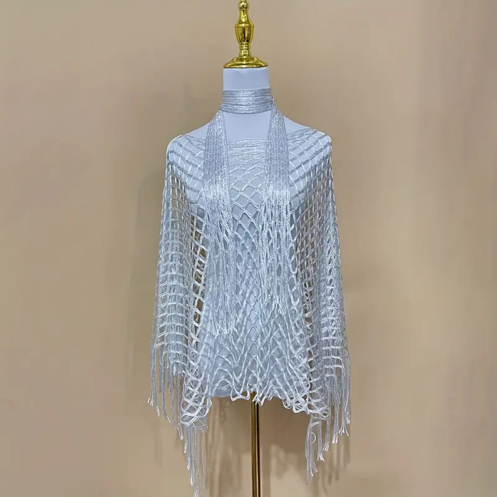 Women's Solid Color Fringe Trim Shawl & Chain Decor Poncho Set
