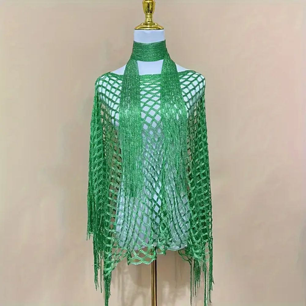 Women's Solid Color Fringe Trim Shawl & Chain Decor Poncho Set
