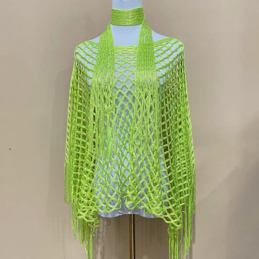 Women's Solid Color Fringe Trim Shawl & Chain Decor Poncho Set