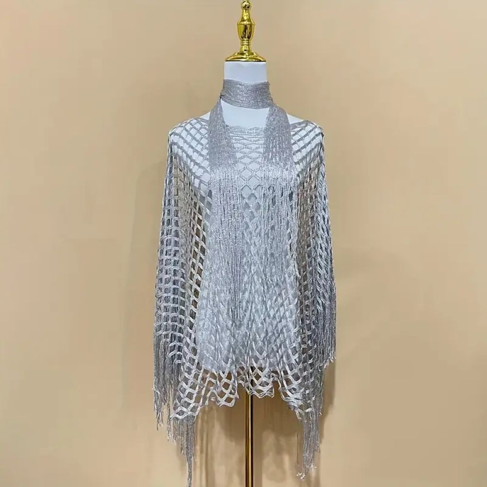 Women's Solid Color Fringe Trim Shawl & Chain Decor Poncho Set