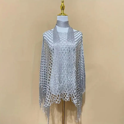 Women's Solid Color Fringe Trim Shawl & Chain Decor Poncho Set