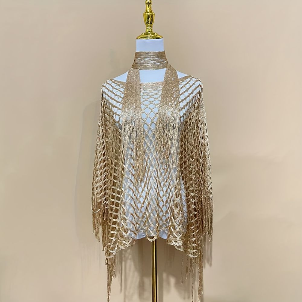 Women's Solid Color Fringe Trim Shawl & Chain Decor Poncho Set