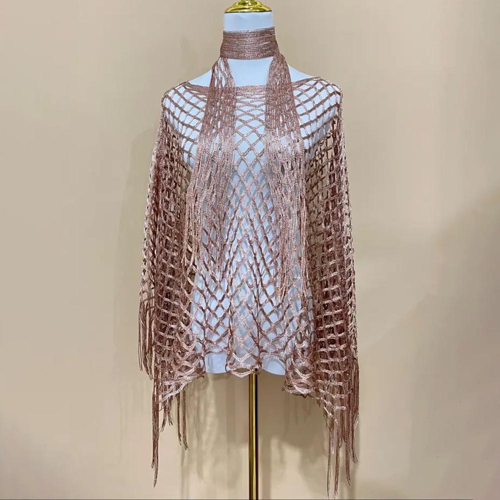Women's Solid Color Fringe Trim Shawl & Chain Decor Poncho Set