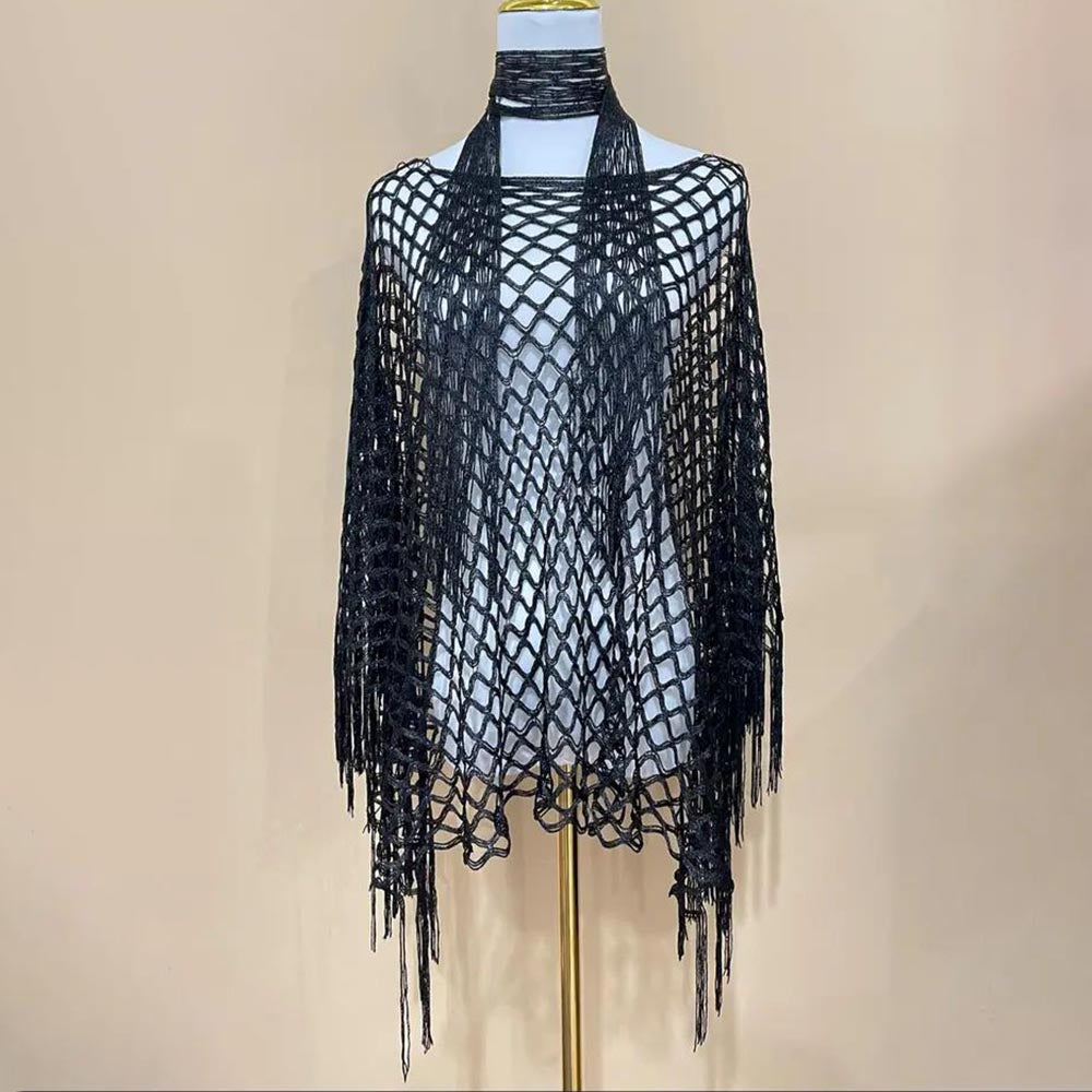 Women's Solid Color Fringe Trim Shawl & Chain Decor Poncho Set