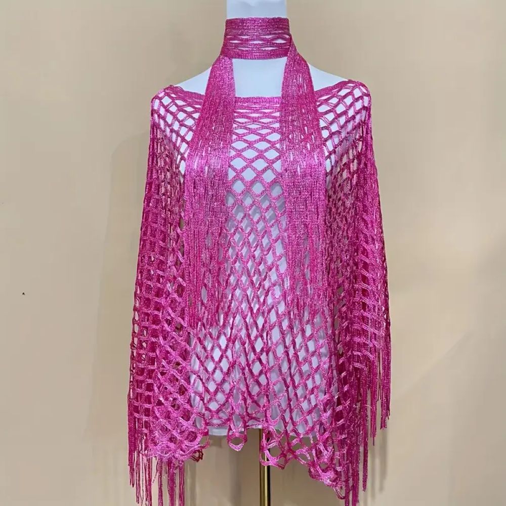 Women's Solid Color Fringe Trim Shawl & Chain Decor Poncho Set