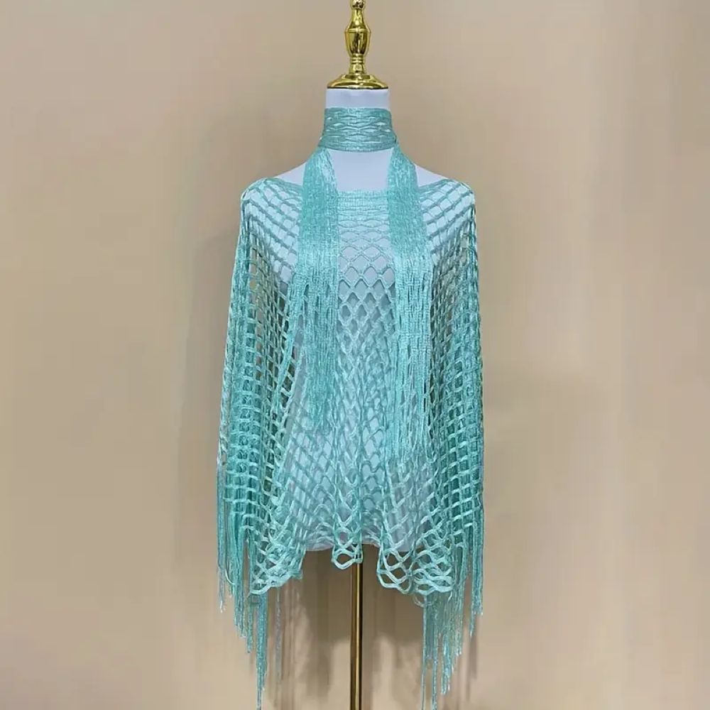 Women's Solid Color Fringe Trim Shawl & Chain Decor Poncho Set