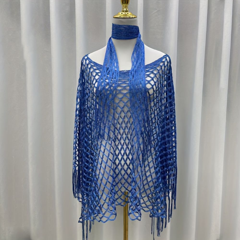 Women's Solid Color Fringe Trim Shawl & Chain Decor Poncho Set