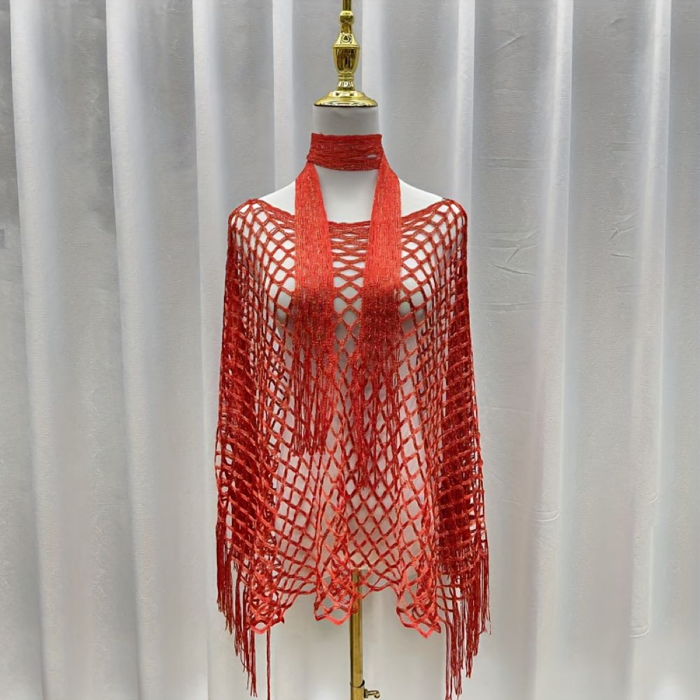 Women's Solid Color Fringe Trim Shawl & Chain Decor Poncho Set