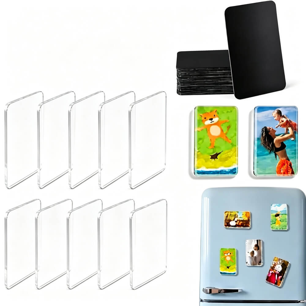 A set of clear rectangular refrigerator magnets with rounded corners, shown empty on the left, stacked on the right, and attached to a light blue refrigerator on the bottom right. Two sample magnets with colorful printed images are also shown.