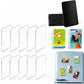 A set of clear rectangular refrigerator magnets with rounded corners, shown empty on the left, stacked on the right, and attached to a light blue refrigerator on the bottom right. Two sample magnets with colorful printed images are also shown.