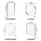 Size comparison chart showing four clear acrylic picture frame shapes: rectangle, circle, heart, and square. Each frame is labeled with dimensions, including 2 inch by 3 mm, on a white background.