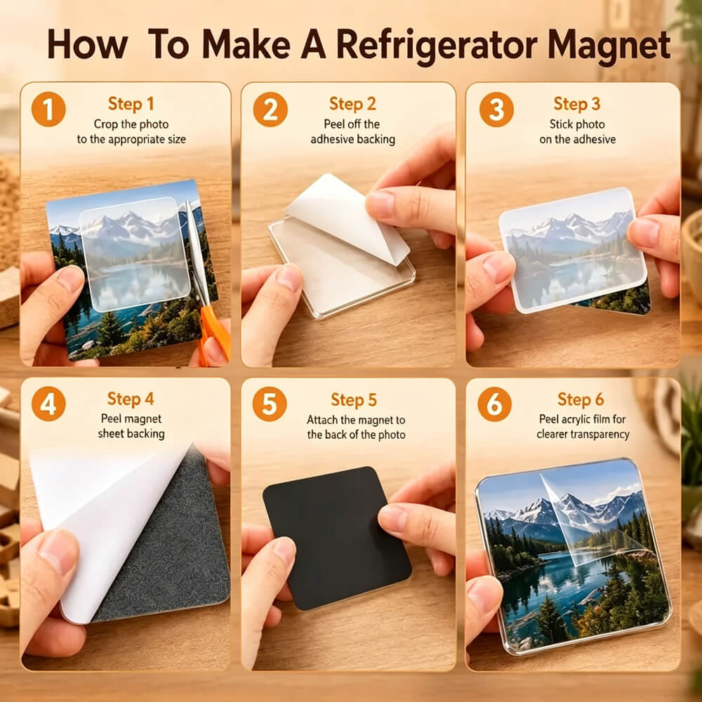 Instructional graphic titled 'How To Make A Refrigerator Magnet' showing six numbered steps with hands demonstrating how to apply a printed landscape photo to a refrigerator magnet sheet, including peeling adhesive backing and attaching the magnet.