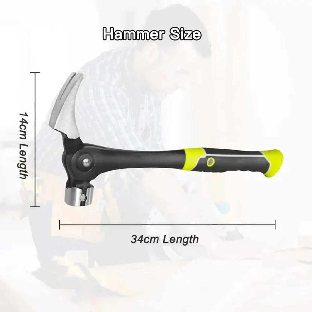 A hammer with a black and neon yellow handle is shown against a blurred workshop background, with measurement lines and text indicating 14cm length, 34cm overall length, and 'Hammer Size'.