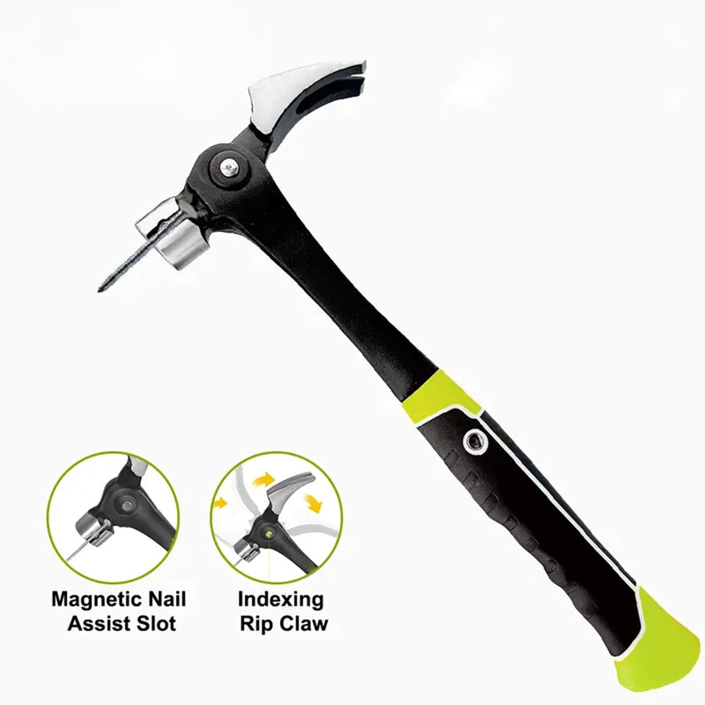 A black and lime green claw hammer with a metal nail bit, shown on a white background with two circular feature callouts labeled 'Magnetic Nail Assist Slot' and 'Indexing Rip Claw'.