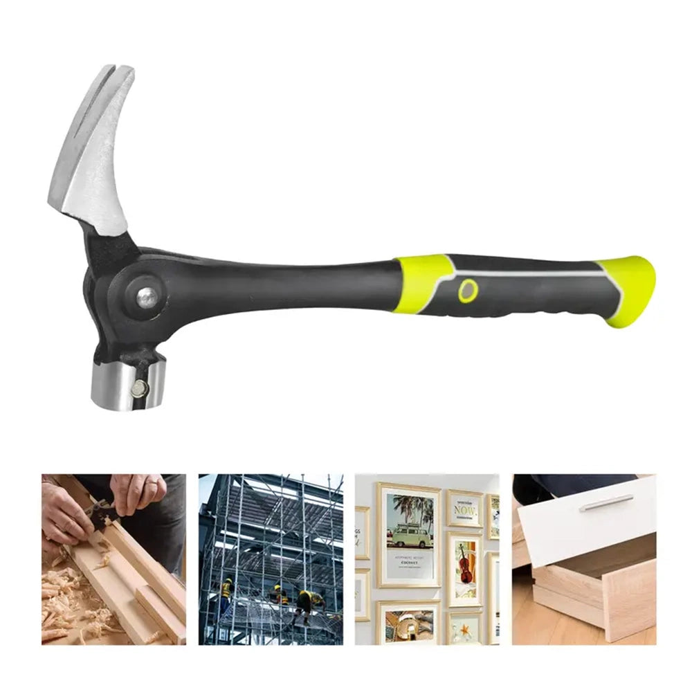 Hammer with a black and yellow handle on a white background, with images of construction and woodworking below.