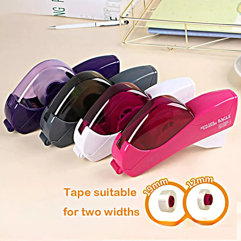 Four roll tape dispensers in purple, black, gray, and pink, arranged diagonally on a light beige desk with a gold wire organizer in the background. Text at the bottom reads 'Tape suitable for two widths' with width circles labeled 18mm and 12mm.