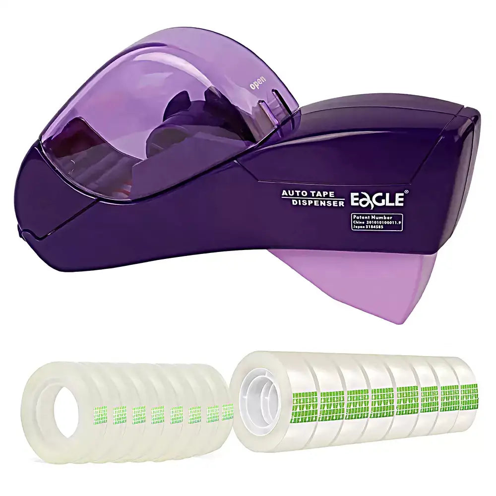 A purple and translucent purple EAGLE auto tape dispenser shown with two rolls of clear tape featuring green grid patterns, on a solid white background.
