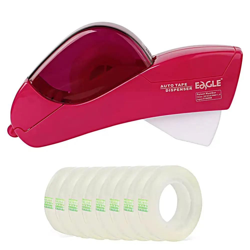 A red Eagle brand automatic tape dispenser shown with multiple rolls of clear tape featuring green adhesive strips, on a solid white background.