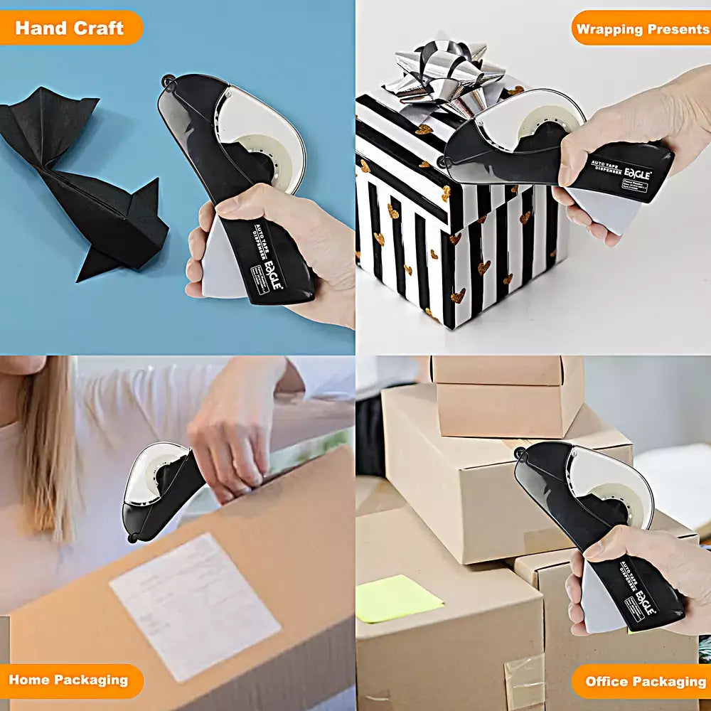 A four-panel collage showing a black and white tape dispenser being used for gift wrapping, home packaging, and office packing. The top-left panel shows the dispenser creating a black paper airplane under the 'Hand Craft' label.
