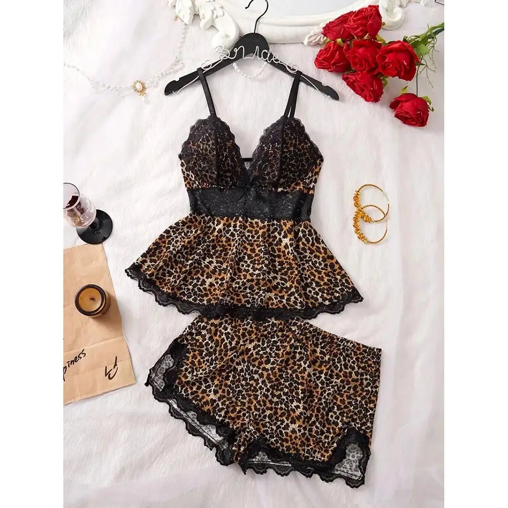 Women's leopard print pajama set with lace tank top and matching elastic shorts