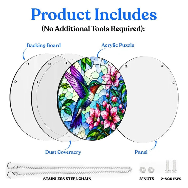 A diagram showing the included parts of the blooming hummingbird acrylic puzzle suncatcher such as backing board dust cover panel stainless steel chain nuts and screws