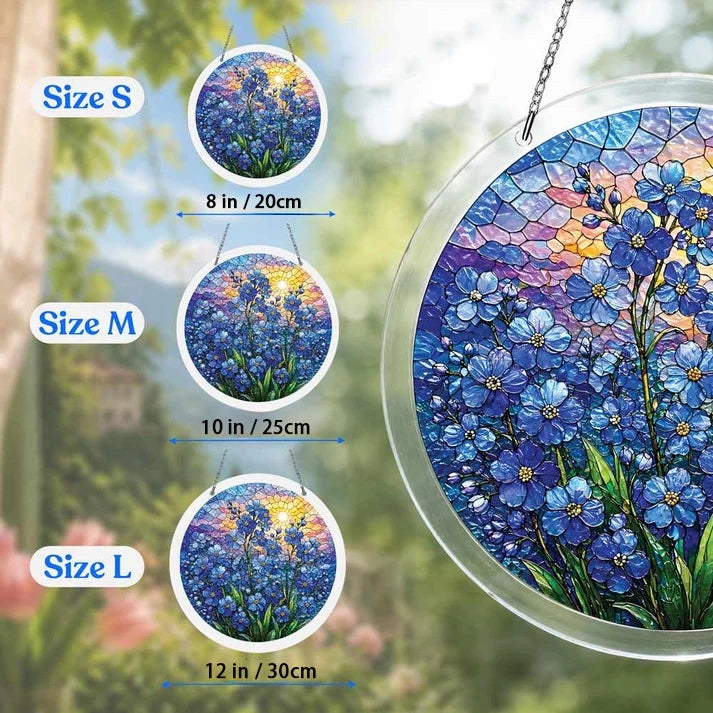 A size chart showing three blue blossom suncatchers in S M and L measuring 8 10 and 12 inches with a large size detail on the right