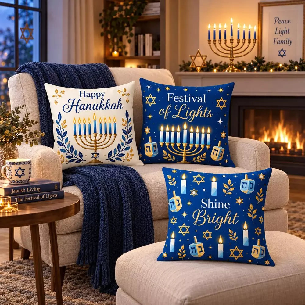Blue and gold Hanukkah throw pillow covers featuring a menorah design