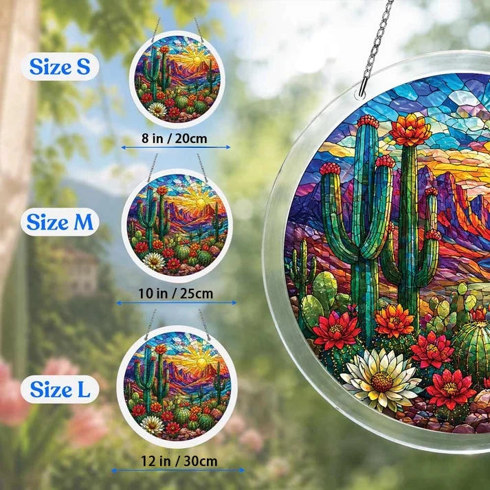 A size chart showing three cactus desert suncatchers in S M and L measuring 8 10 and 12 inches with a large size detail on the right