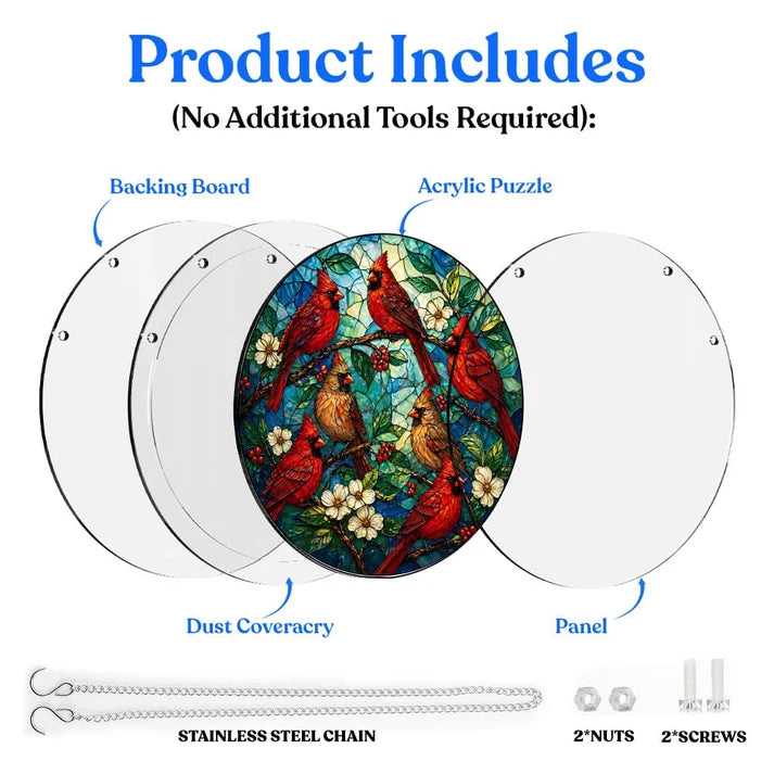 A diagram showing the included parts of the cardinal garden acrylic puzzle suncatcher such as backing board dust cover panel stainless steel chain nuts and screws