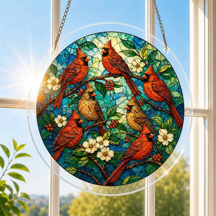 A round acrylic suncatcher with red and yellow cardinals among white blossoms and berries hanging from a chain in front of a bright white window