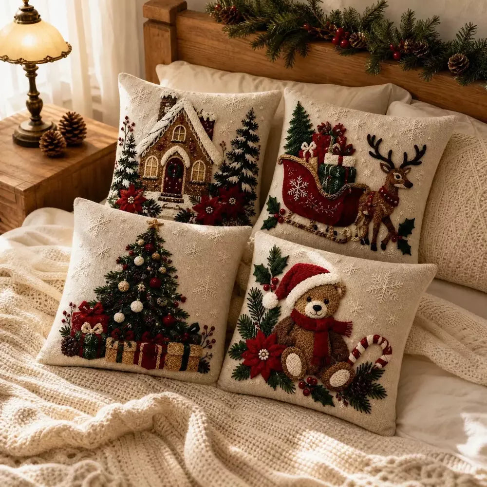Festive Christmas cushion covers arranged on a bedroom bed