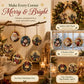A holiday-themed collage showing round Christmas ornaments hanging from a branch and displayed in home decor settings. The ornaments feature illustrated Santa Claus, snowmen, Christmas trees, wreaths, and festive scenes.