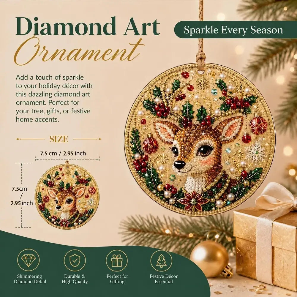 A diamond painting ornament featuring a festive deer design with holly, berries, and snowflake motifs, shown hanging against a warm holiday background with text overlays detailing its size and features.