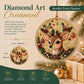 A diamond painting ornament featuring a festive deer design with holly, berries, and snowflake motifs, shown hanging against a warm holiday background with text overlays detailing its size and features.