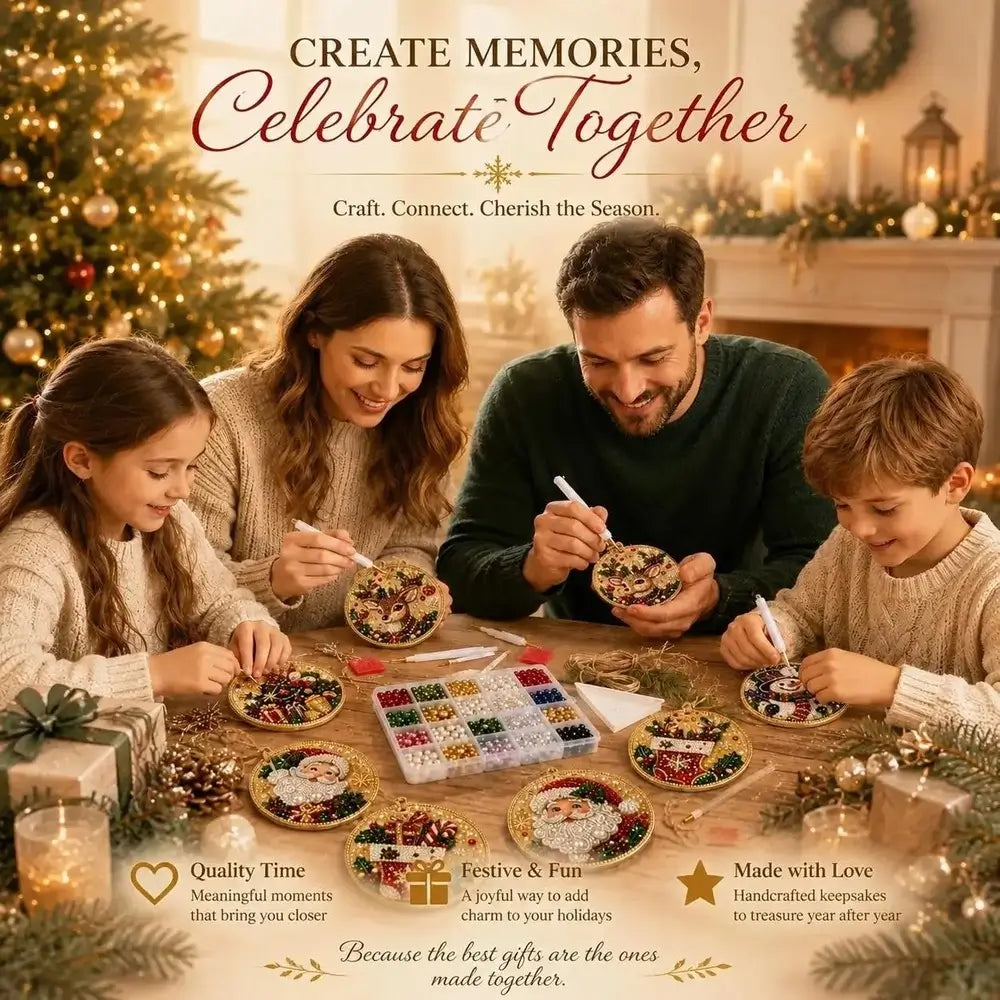 A family of four enjoys crafting round Christmas keepsake ornaments together in a warmly lit holiday kitchen or living room. The scene includes a decorated Christmas tree, candles, and gift boxes in the background.