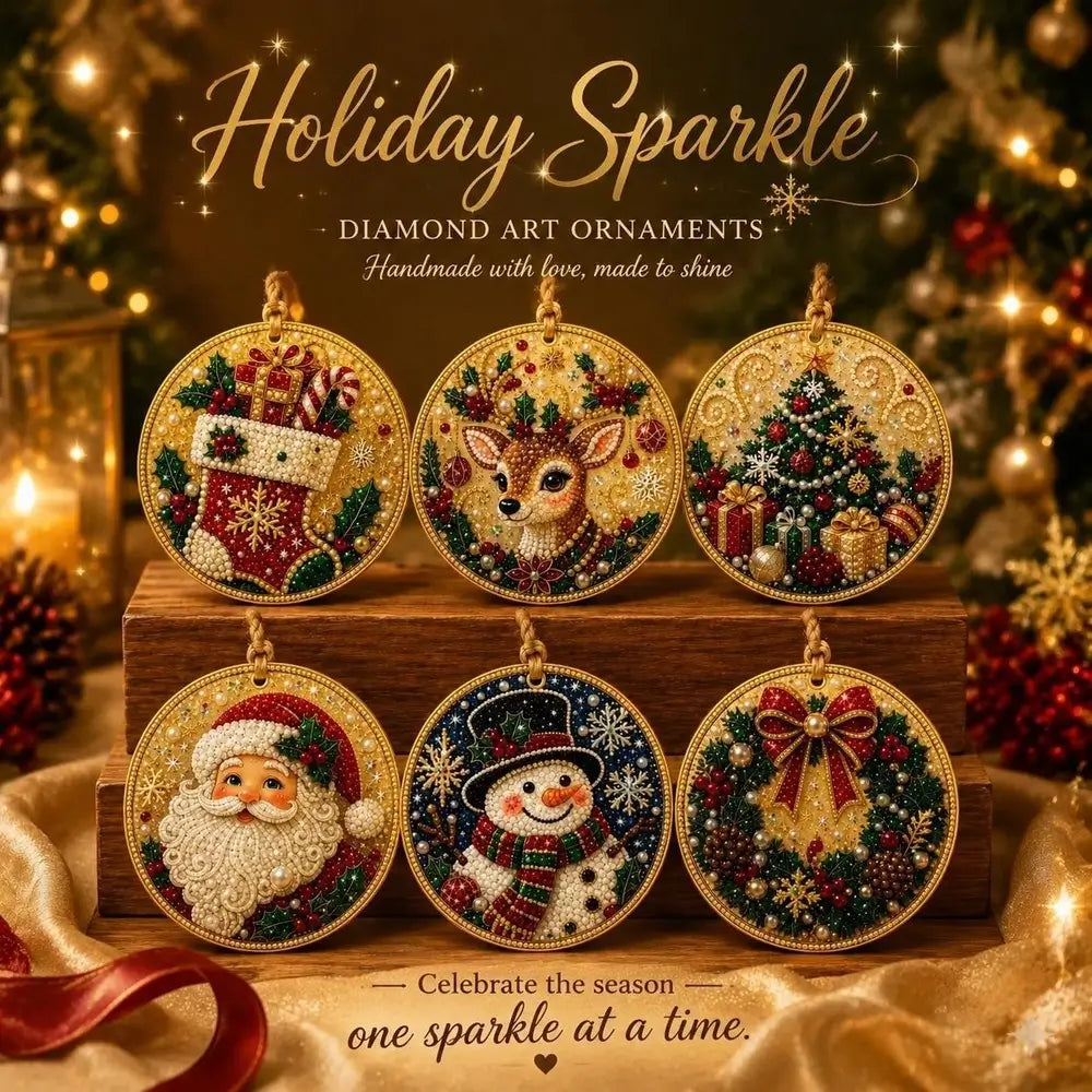 Six round diamond art ornaments featuring Christmas motifs are displayed on a wooden stand against a warm, festive holiday background. The ornaments include designs of a stocking, a deer, a Christmas tree, Santa Claus, a snowman, and a wreath.