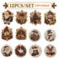 A set of 12 Christmas-themed needlepoint canvas designs, featuring various festive illustrations like Santa Claus, snowmen, deer, bells, wreaths, stockings, and Christmas trees. 
