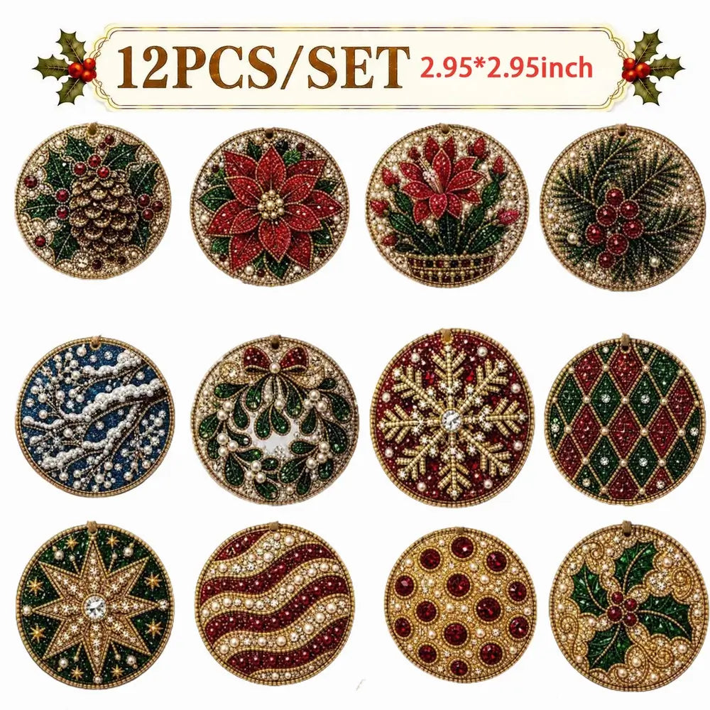A set of 12 round Christmas-themed sequin and bead brooches arranged in a 3x4 grid on a white background