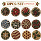A set of 12 round Christmas-themed sequin and bead brooches arranged in a 3x4 grid on a white background