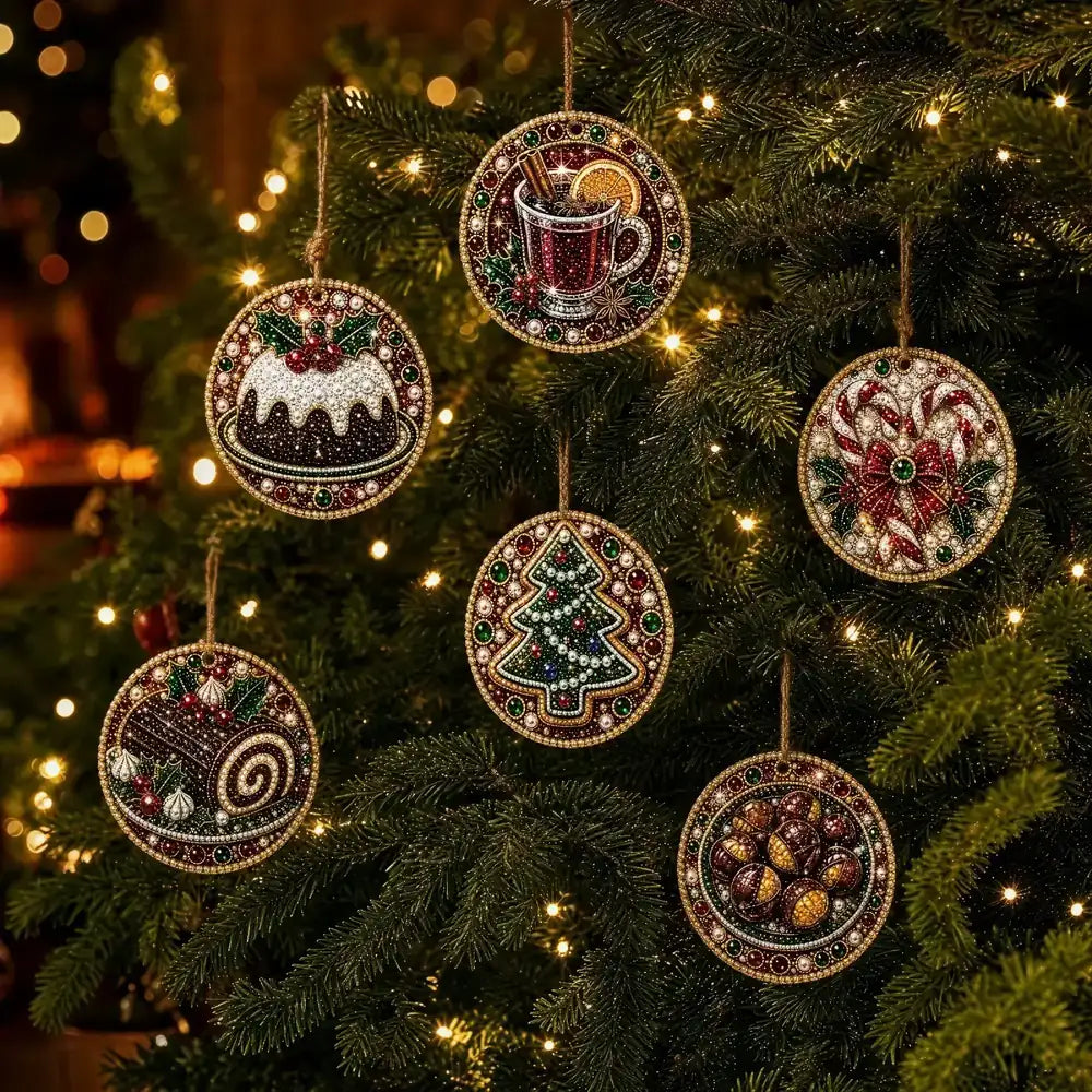 Six round beaded Christmas ornaments with holiday motifs like a cake, mug, candy canes, tree, and pinecones hanging on a decorated Christmas tree with warm lights.