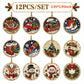 A 12-piece set of round diamond painting Christmas ornaments, featuring festive designs like a Santa sleigh, red truck, Christmas train, stockings, snowman, and holiday wreath on a white background with a decorative header.