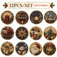 A set of 12 circular diamond painting ornaments featuring various Christmas designs, including a candle, fireplace, lantern, snow globe, gift box, star, stocking, Christmas tree, deer, snowman, Santa Claus, and bow.