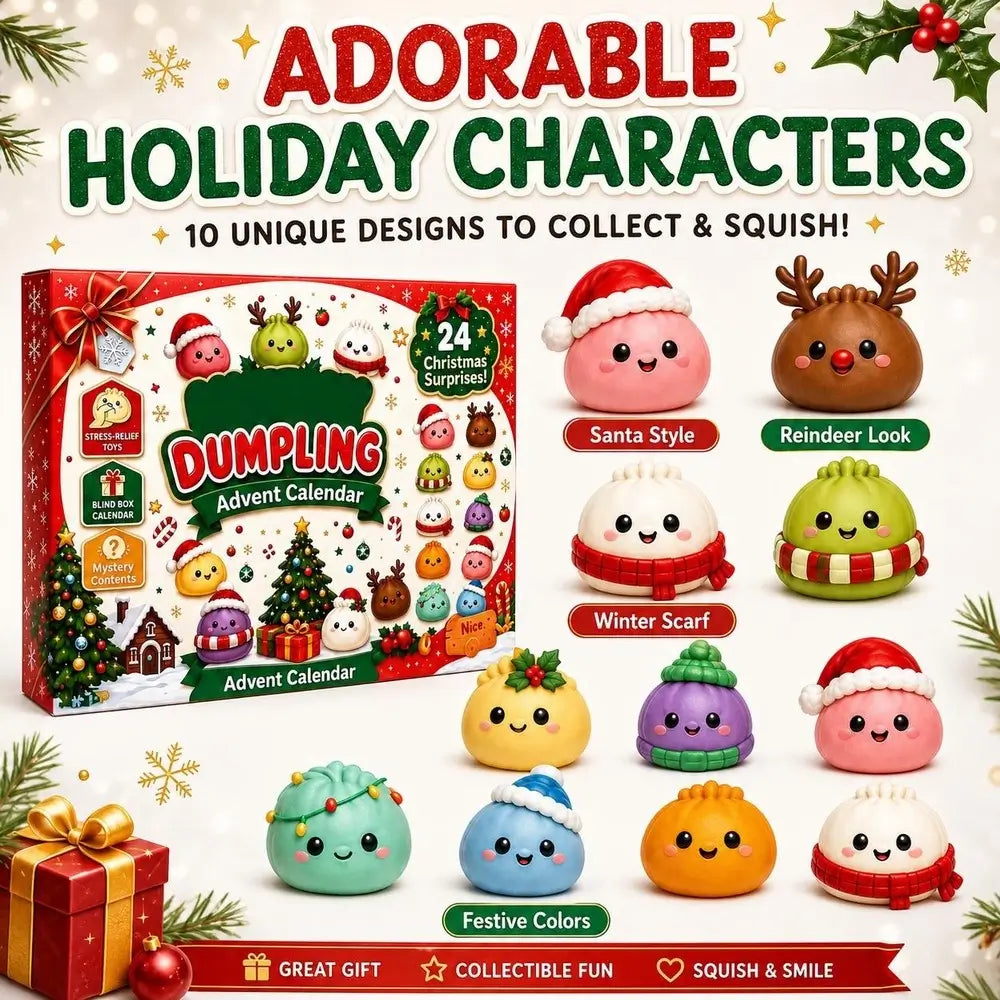 Promotional graphic for a Christmas-themed advent calendar set featuring cute squishy holiday characters. The image shows a red gift box labeled 'Dumpling Advent Calendar' alongside several small character figures styled like Santa, a reindeer, winter scarf, and festive colors.