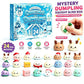 Mystery Dumpling Squeishy Blind Box Christmas advent calendar set, featuring a blue illustrated box, 24 cute dumpling characters, and a hand squeezing a white dumpling with green leaves. Text highlights 24 pieces, stress relief, slow rise, safe material, and perfect gift.